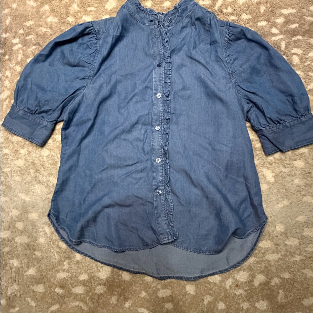 Denim Button-Up Puff Sleeve Blouse - Blue